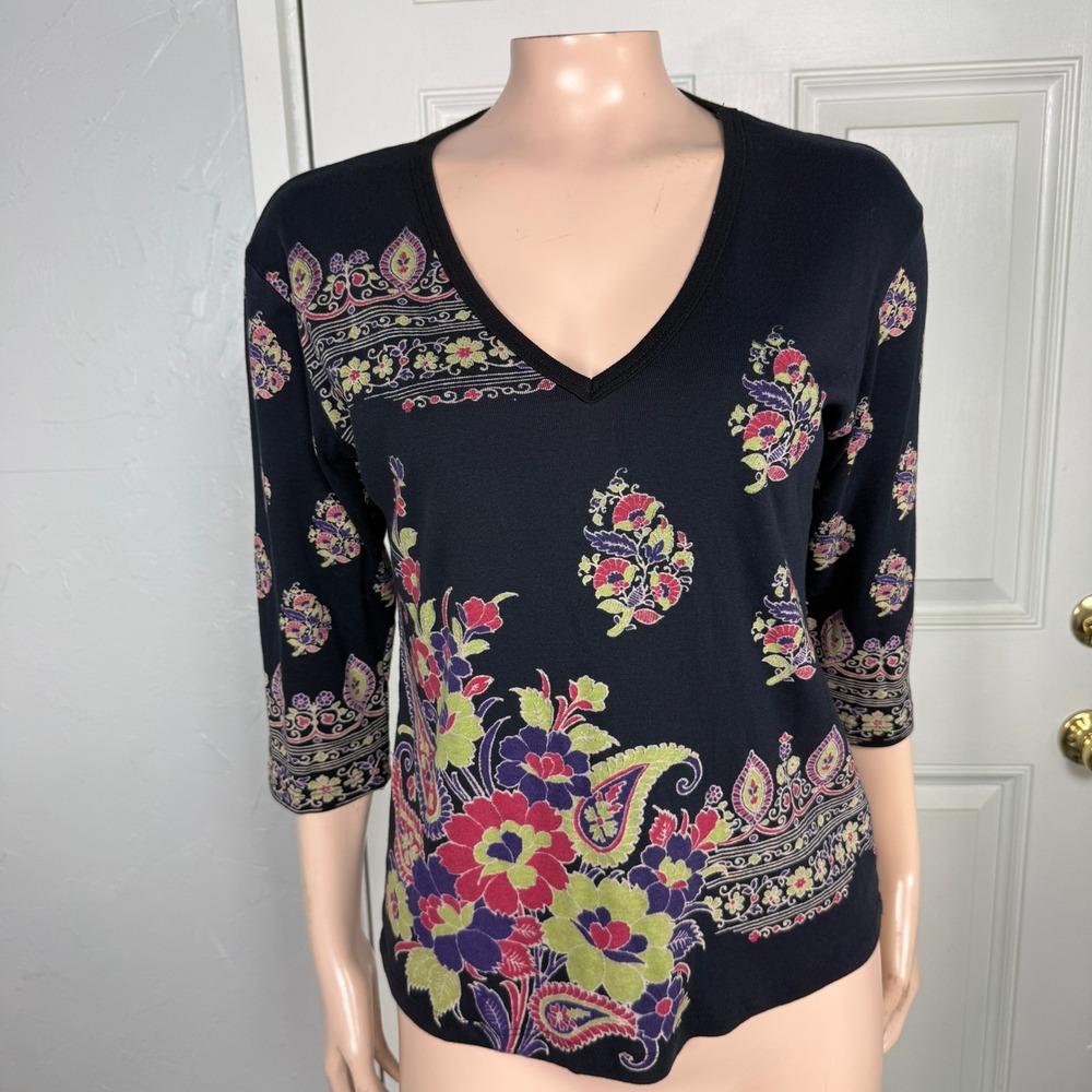 Vintage y2K Glima Shirt Large Baby Tee Floral Boho 3/4 Sleeve Cotton Paisley DD4